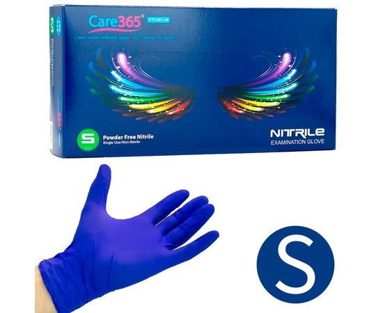 Изображение  Перчатки нитриловые одноразовые Care 365, 100 шт S, Синие, Размер перчаток: S, Цвет: Синий