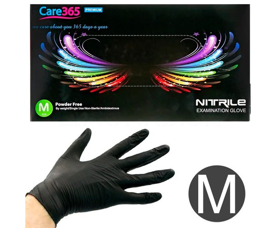 Изображение  Перчатки нитриловые одноразовые Care 365 черные, 100 шт M, Размер перчаток: M, Цвет: Черный