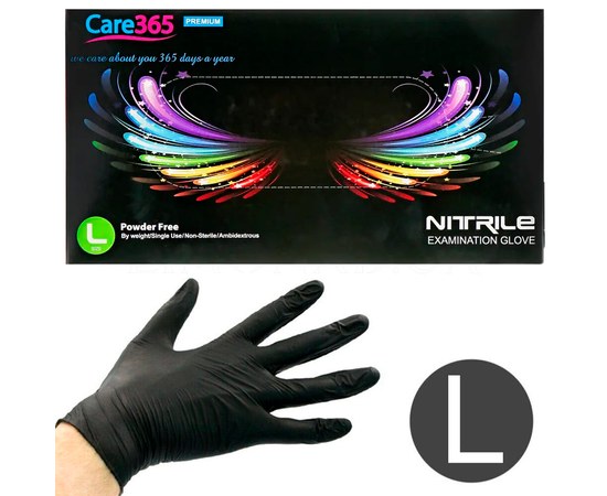 Зображення  Рукавички нітрилові одноразові Care 365 чорні, 100 шт L, Розмір рукавичок: L, Колір: Чорний