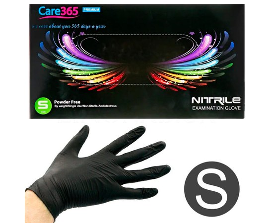 Зображення  Рукавички нітрилові одноразові Care 365 чорні, 100 шт S, Розмір рукавичок: S, Колір: Чорний
