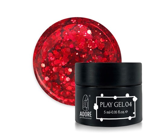 Изображение  Glitter gel for nail design ADORE prof. Play Gel 5g P-04 scarlet, Volume (ml, g): 5, Color No.: P-04 is red