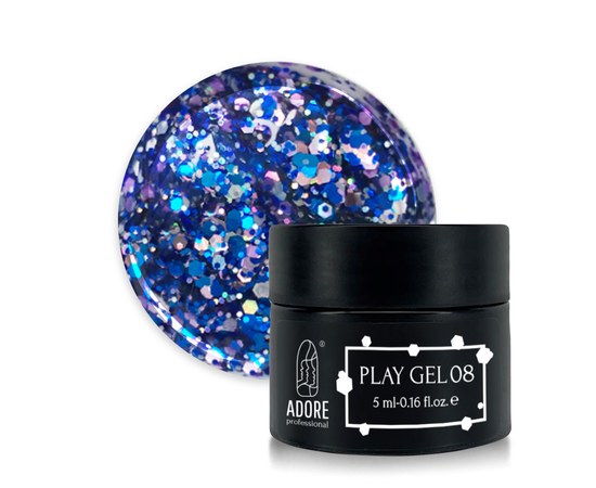 Изображение  Glitter gel for nail design ADORE prof. Play Gel 5g P-08 blue-lilac, Volume (ml, g): 5, Color No.: P-08 blue-lilac