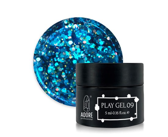 Изображение  Glitter gel for nail design ADORE prof. Play Gel 5g P-09 blue-blue, Volume (ml, g): 5, Color No.: P-09 blue-blue