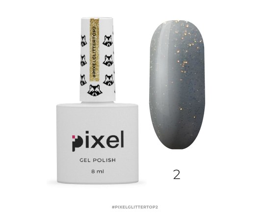 Зображення  Топ Pixel Glitter No Wipe Top №2 - закріплювач для гель-лаку із золотистими блискітками, 8 мл, Об'єм (мл, г): 8, Цвет №: 02