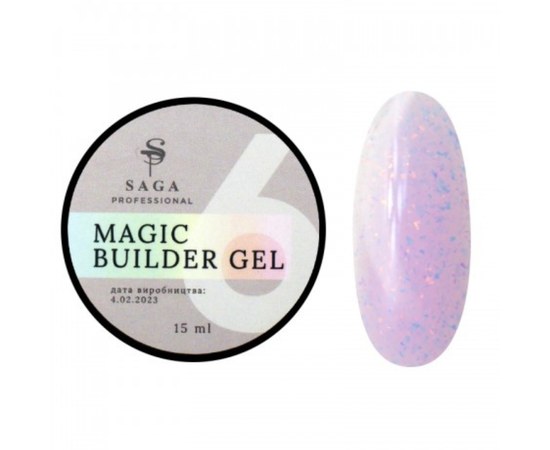 Зображення  Гель камуфлюючий SAGA Builder Gel Magic №06 пудровий з різнобарвною поталлю, 15 мл, Об'єм (мл, г): 15, Цвет №: 06