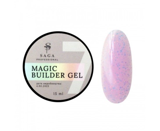 Изображение  Гель камуфлирующий SAGA Builder Gel Magic №07 нежно-розовый с разноцветной поталью, 15 мл, Объем (мл, г): 15, Цвет №: 07