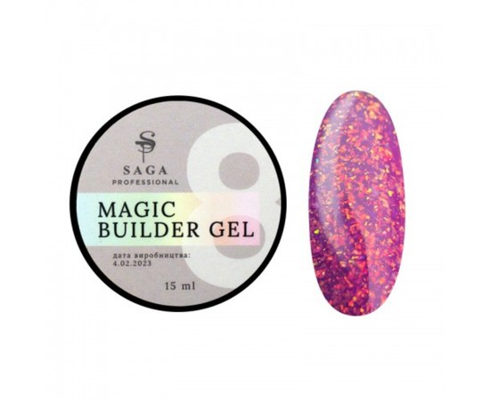 Зображення  Гель камуфлюючий SAGA Builder Gel Magic №08 рожевий з різнобарвною поталлю, 15 мл, Об'єм (мл, г): 15, Цвет №: 08