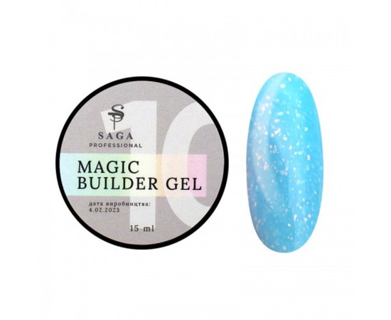 Зображення  Гель камуфлюючий SAGA Builder Gel Magic №10 блакитний з різнобарвною поталлю, 15 мл, Об'єм (мл, г): 15, Цвет №: 10