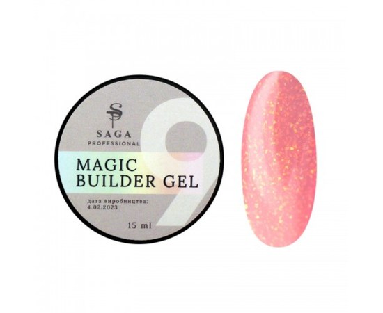 Зображення  Гель камуфлюючий SAGA Builder Gel Magic №09 персиковий з різнобарвною поталлю, 15 мл, Об'єм (мл, г): 15, Цвет №: 09