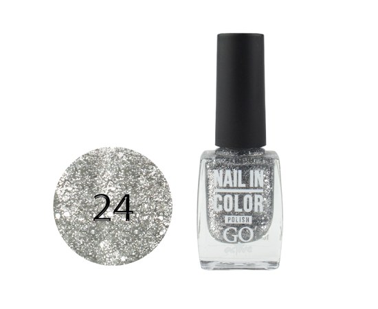 Зображення  Лак для нігтів Go Active Nail in Color 024 сріблясті великі та дрібні блискітки на прозорій основі, 10 мл, Об'єм (мл, г): 10, Цвет №: 024
