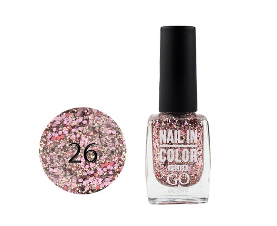 Зображення  Лак для нігтів Go Active Nail in Color 026 рожево-сріблясті блискітки та конфетті на прозорій основі, 10 мл, Об'єм (мл, г): 10, Цвет №: 026