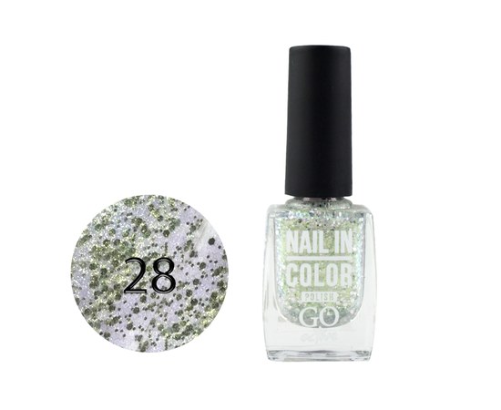 Изображение  Nail polish Go Active Nail in Color 028 golden green with silver sparkles and confetti, 10 ml, Volume (ml, g): 10, Color No.: 28