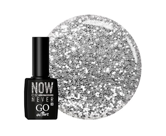 Изображение  Gel polish GO Active 003 Now or Never silver with sparkles and mica, 10 ml, Volume (ml, g): 10, Color No.: 3